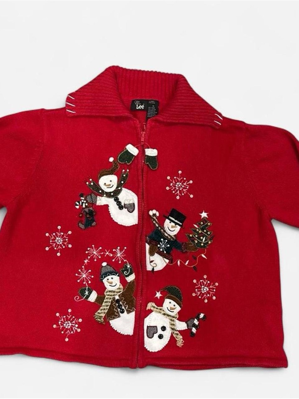 Lee Red Holiday Snowman Zip Front Sweater